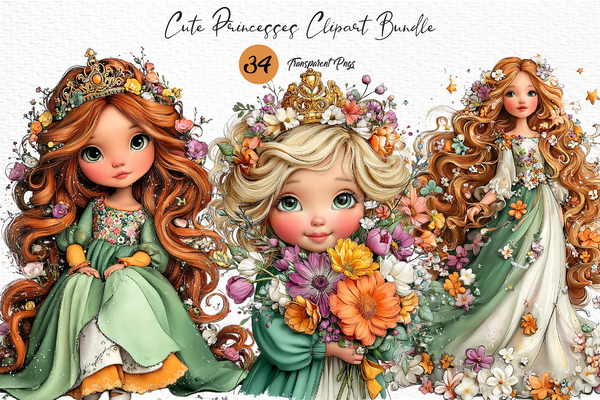 Cute Princesses PNG Clipart Bundle, a Seasonal Illustration by Craft Nest (Photo 1 of 6)