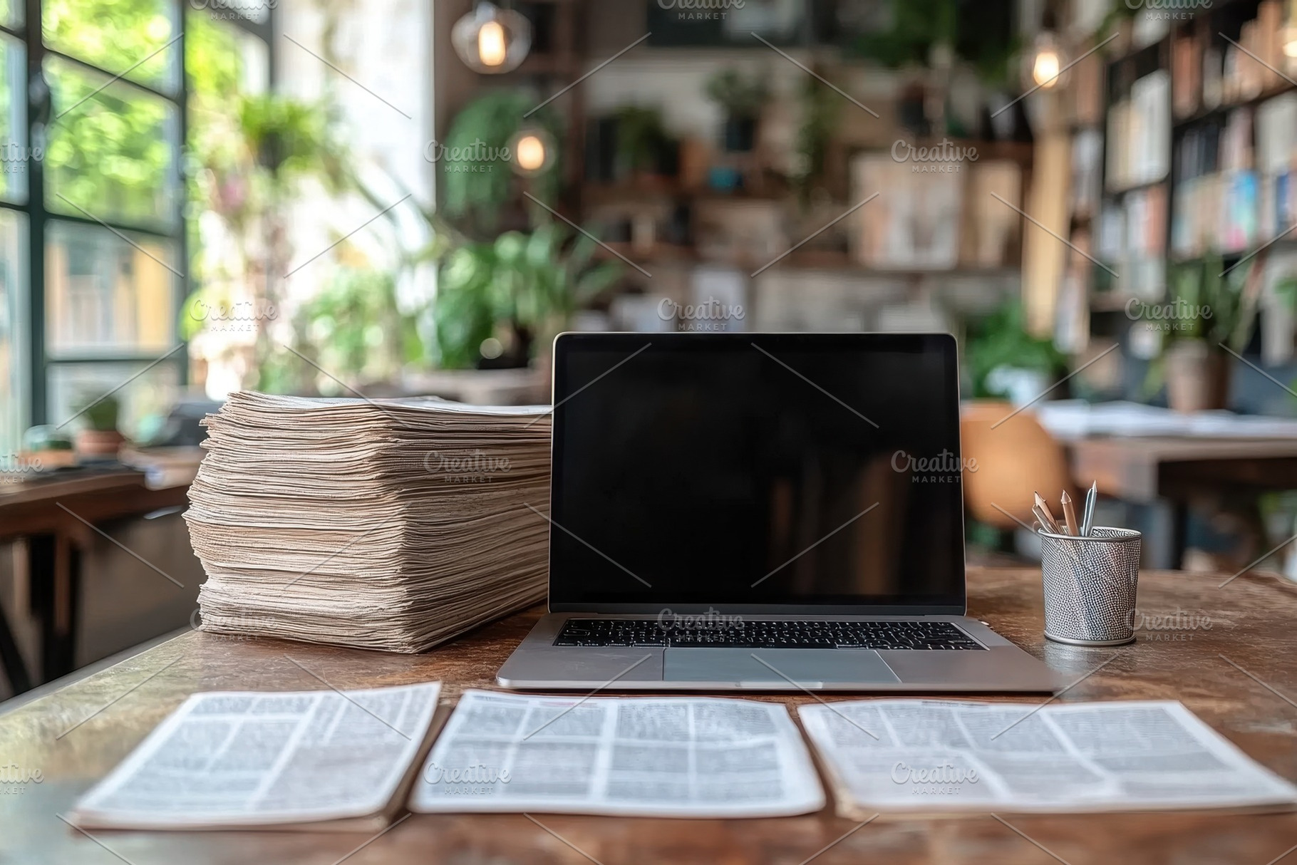Workspace with laptop, newspapers, a, a Photo by Tanuart