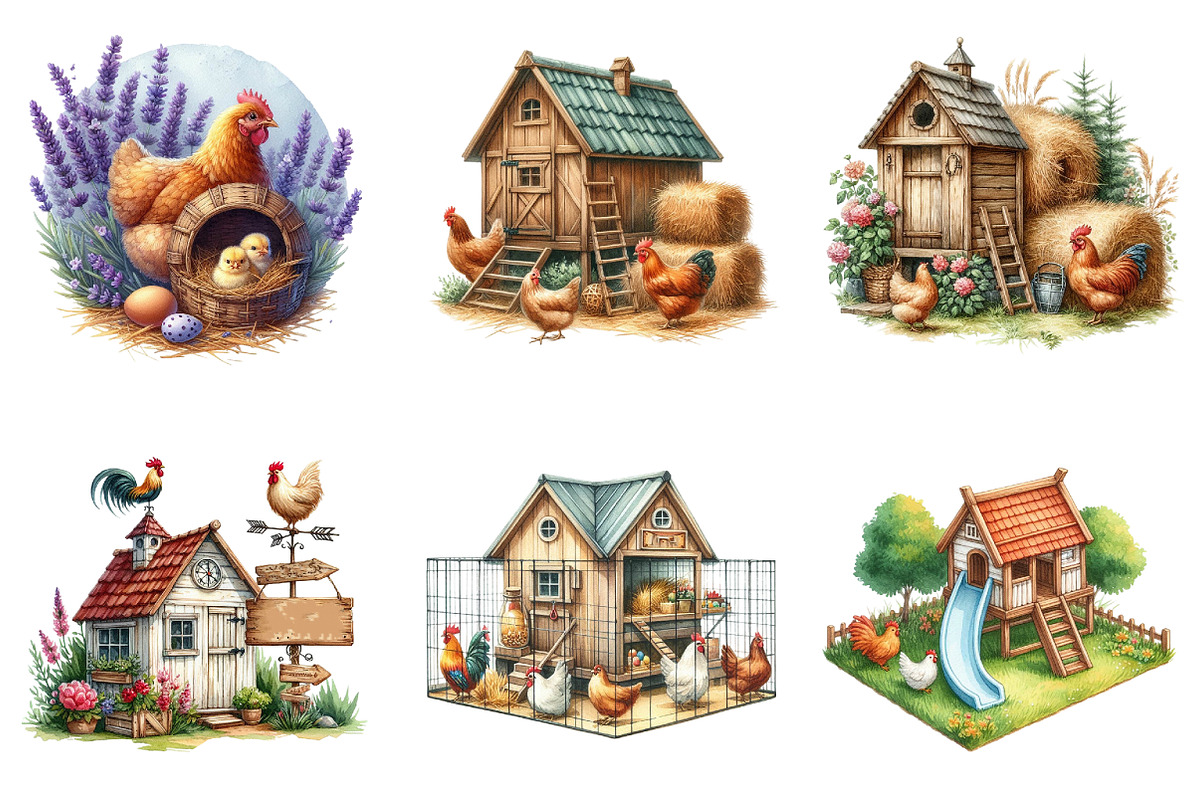 Watercolor Chicken Coop Clipart, a Seasonal Illustration by DreamArtGraphic (Photo 2 of 4)