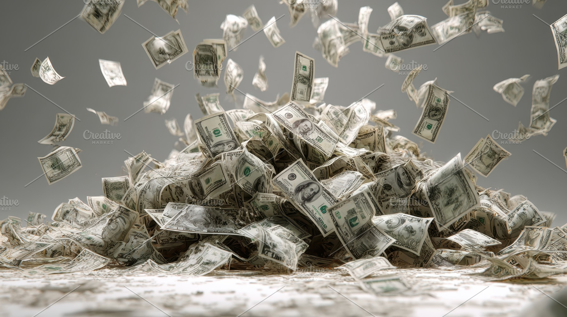 Falling money pile of hundred dollar, a Photo by Pixeness Studio