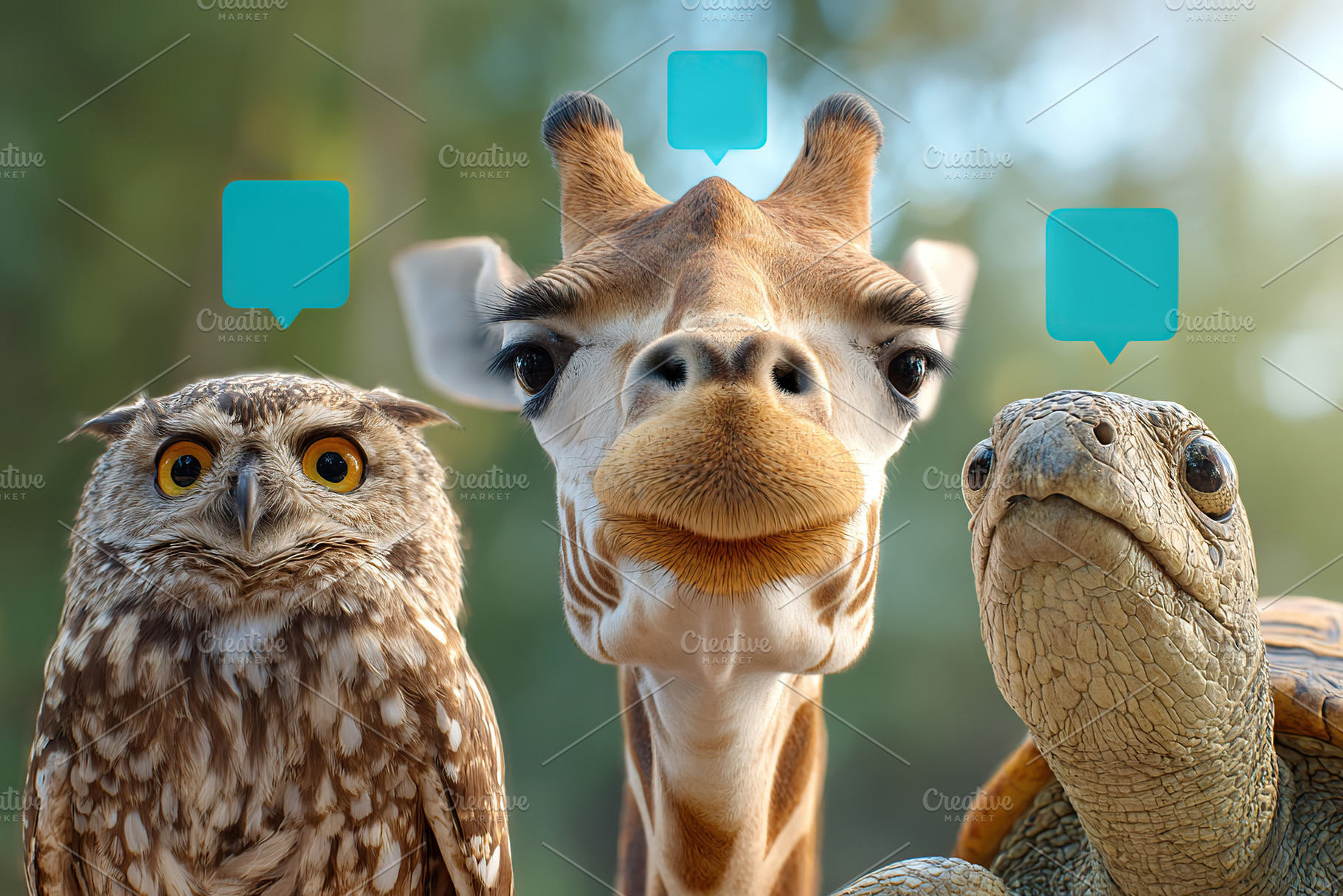 Diverse animal group with a giraffe, owl and tortoise engaged in playful conver, a Photo by AlyaAnd