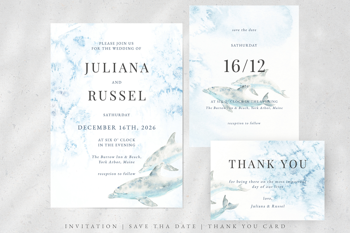 Watercolor Dolphins Wedding Set, an Invitation Template by Kolorata Art (Photo 2 of 5)