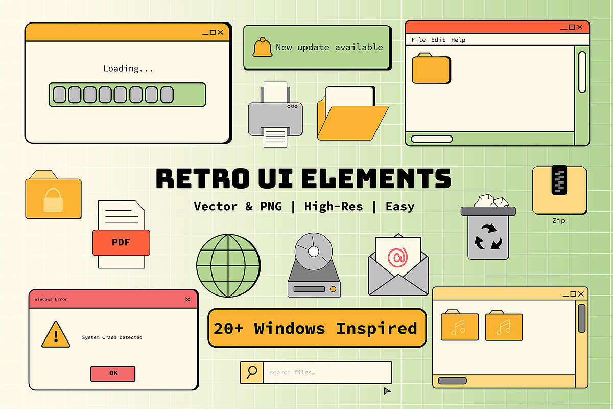 Retro Window UI Elements Set, a Technology Illustration by Invisual Studio (Photo 1 of 9)