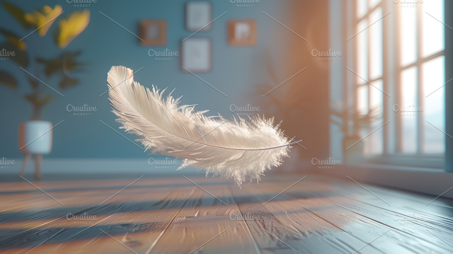 Floating White Feather in Sunlit Room with Wooden Floor, a Background Photo by José Manuel Gelpi