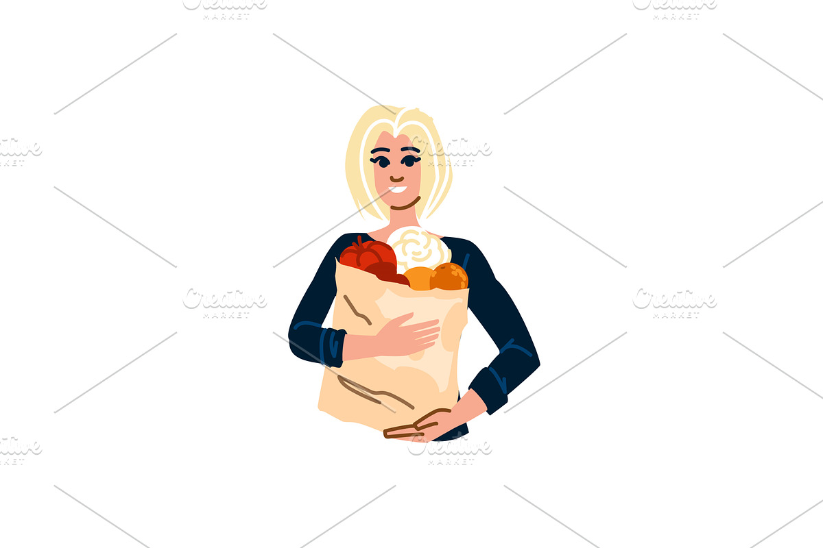 Smiling woman holding paper bag with, a Food Illustration by pikepicture