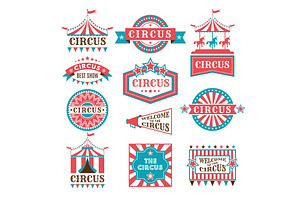 Old Badges And Labels For Carnival And Circus Show Invitation. Monochrome Vector Logos