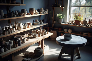 Sunlit Pottery Studio with Wheel and Shelves, an Arts & Entertainment Photo by Davizro's Market