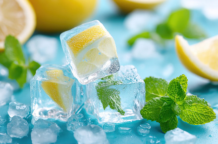 Refreshing ice cubes with lemon and mint perfect for summer drinks on a sunny d, a Food & Drink Photo by AlyaAnd