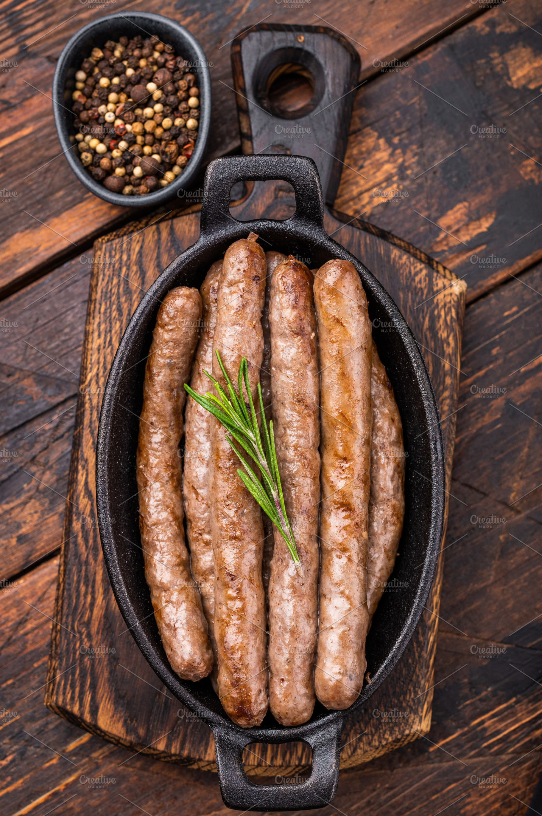 Delicious grilled sausage served with fresh herbs, a mouthwateri, a Food & Drink Photo by composter-box@mail.ru