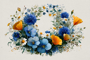 Vibrant floral wreath blue and orang, a Photo by Pixeness Studio