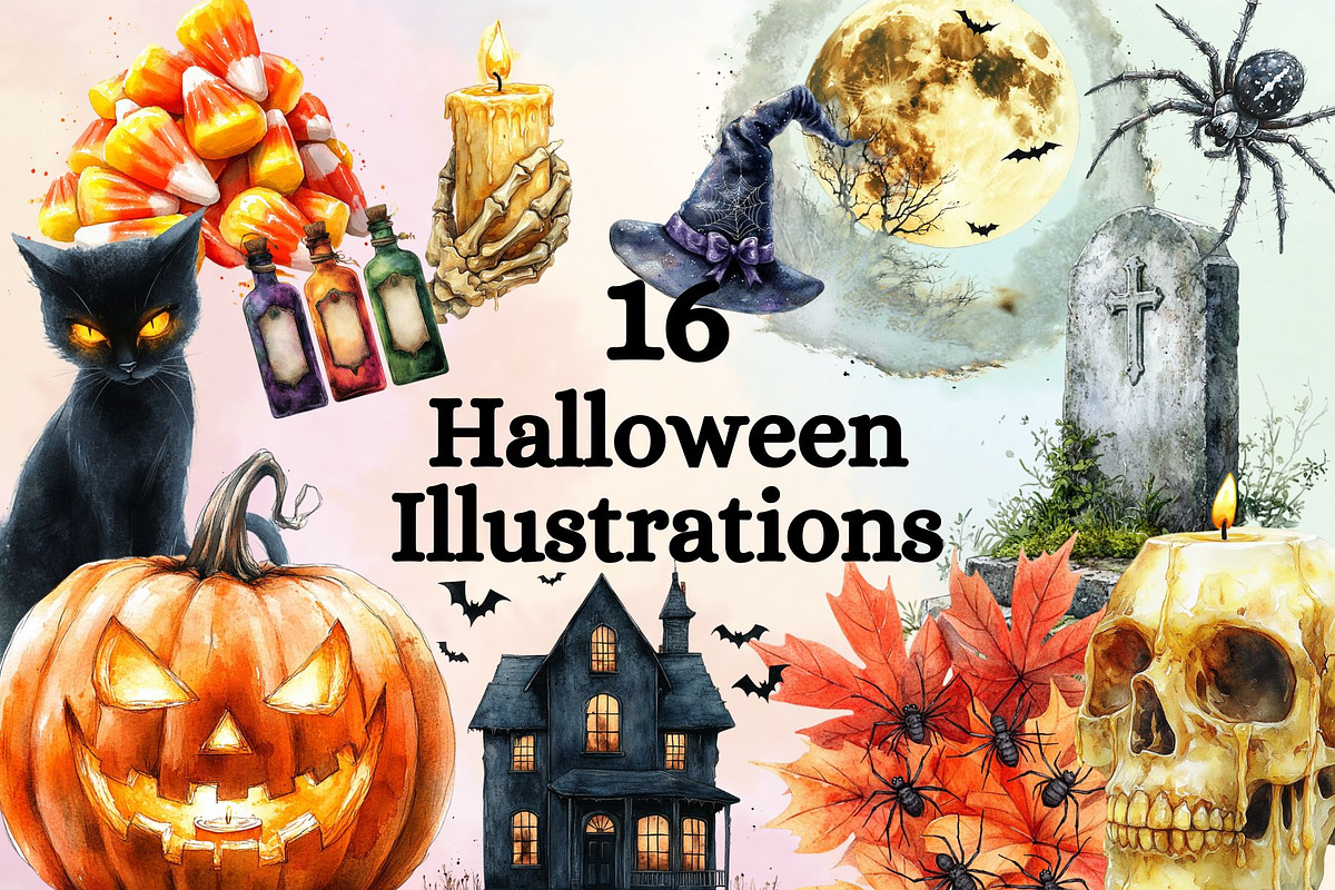 16 Halloween Watercolor Illustration, a Seasonal Illustration by Loony Dream Designs (Photo 1 of 5)