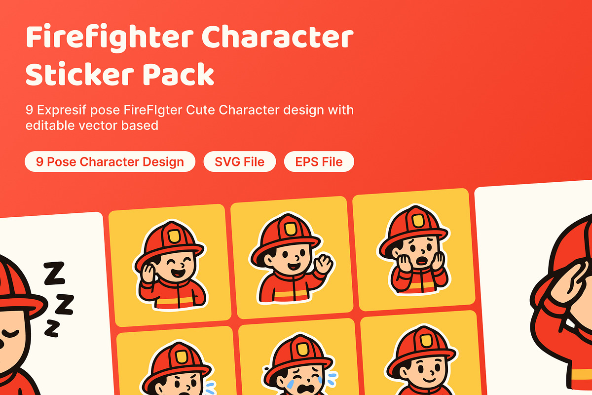 Firefighter Character Sticker Pack, an Illustration by anamwp (Photo 1 of 6)