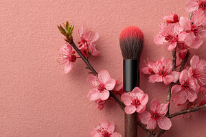 Makeup brush with cherry blossoms on pink background, a Beauty & Fashion Photo by AlyaAnd