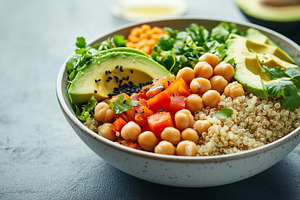Healthy bowl with quinoa, chickpeas, a Food & Drink Photo by MistyDay