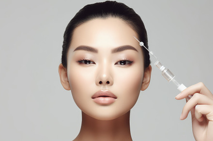 Face skincare, forehead injection and woman in studio isolated o, a Beauty & Fashion Photo by designvectx