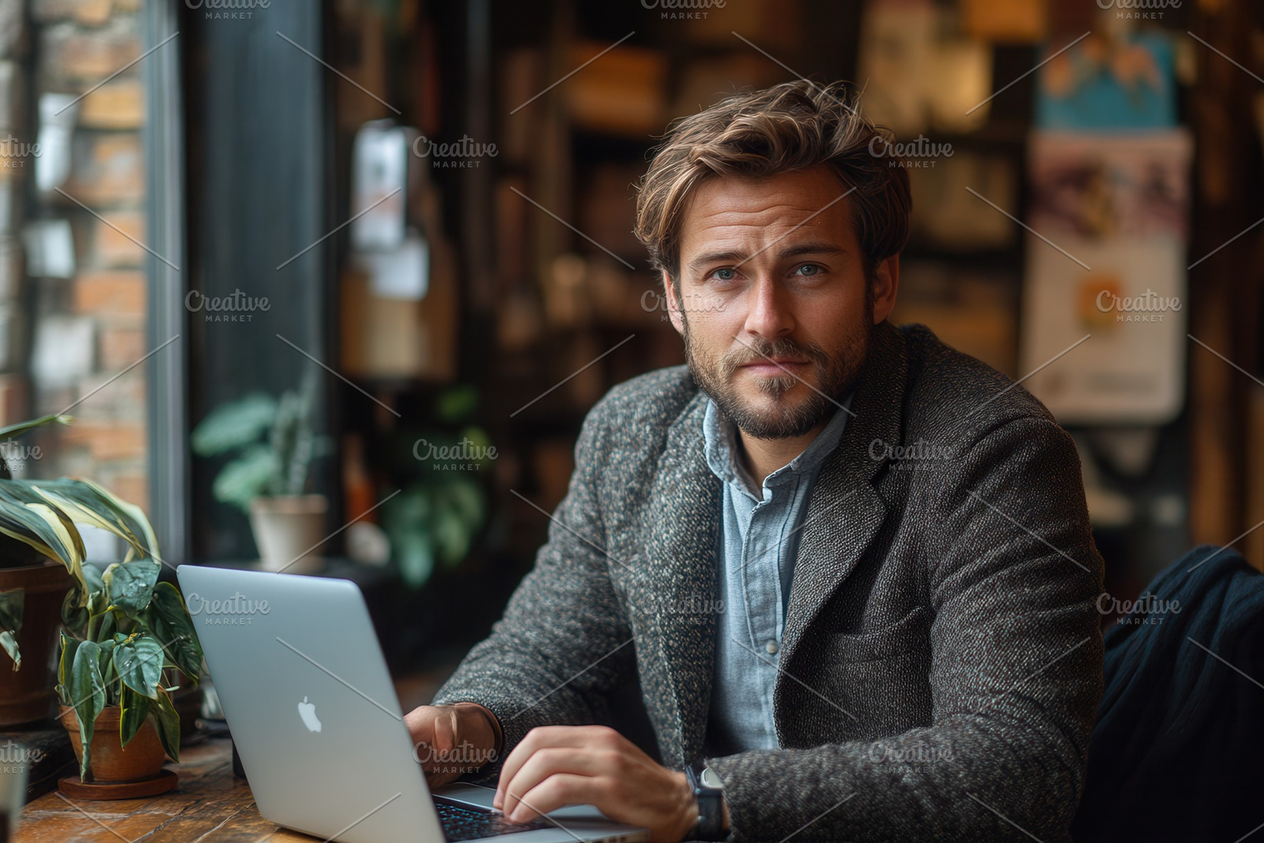 Young man working on a laptop in a c, a Photo by Tanuart