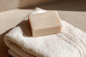 Folded towel with soap, a Photo by Virgo Studio