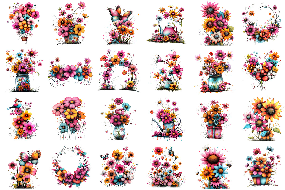 Whimsical Summer Flowers Clipart PNG, an Illustration by designcity5 (Photo 2 of 5)