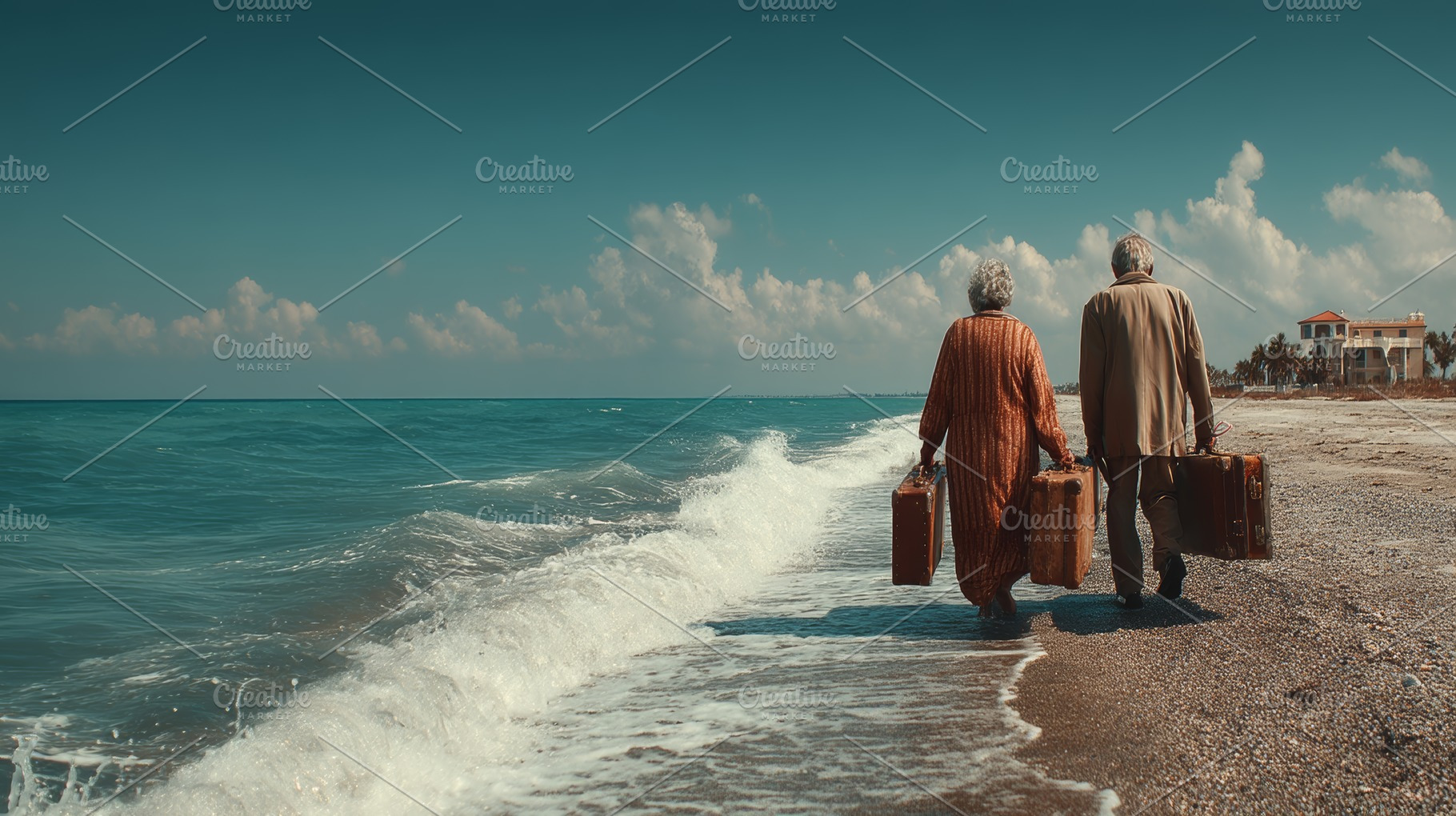 Senior couple with suitcases walking along the beach by the ocean, traveling to, a Photo by AS photostudio
