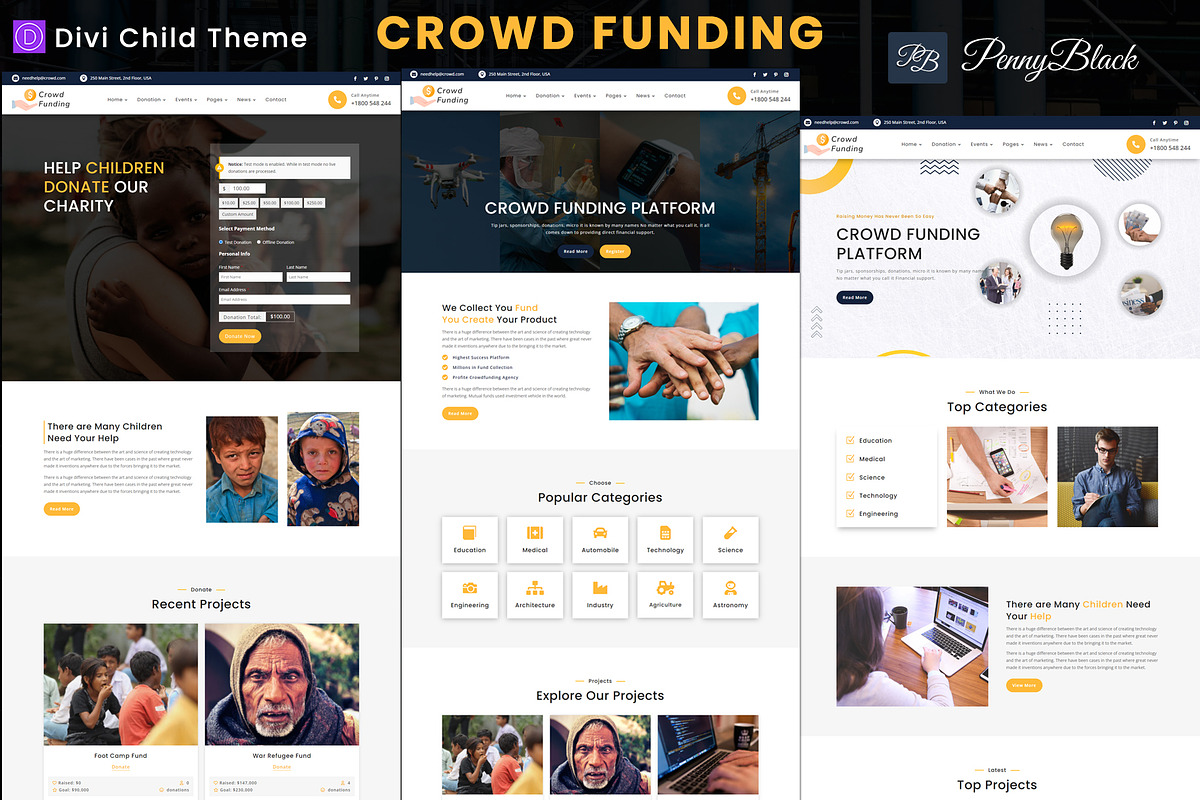 Crowd Funding - Divi Child Theme, a WordPress Template by Pennyblack Templates
