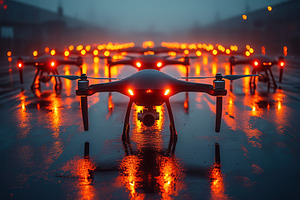 Drones illuminated by orange lights, a Photo by Tanuart