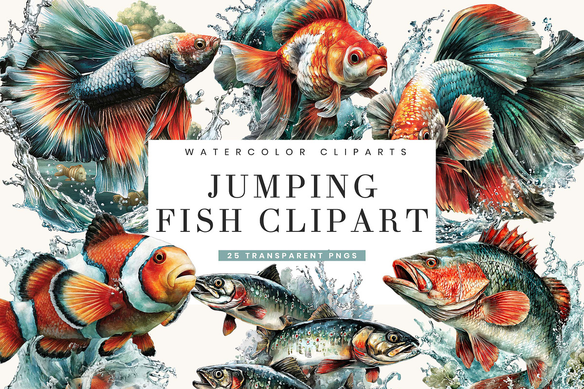 Watercolor Jumping Fish Clipart, an Animal Illustration by BusyDaydesign (Photo 1 of 9)