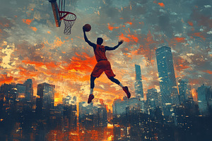 Basketball player over city skyline,, a Sports & Recreation Photo by Pixeness Studio