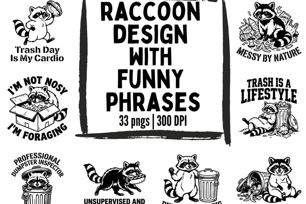 Funny Raccoon Quotes PNG Bundle, an Animal Illustration by Tanya Kart (Photo 1 of 9)
