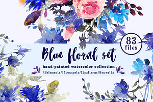 Blue floral watercolor set