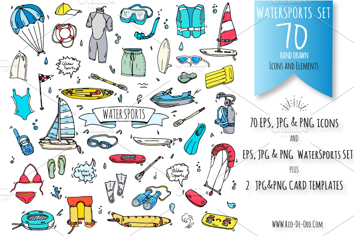 Water Sports hand drawn color icons!, an Outline Icon by Natasha-Pankina.com (Photo 1 of 5)
