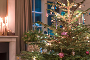 Christmas tree decorated with vintage glass ornaments and festive lights in a c, a Photo by Studio ANNA