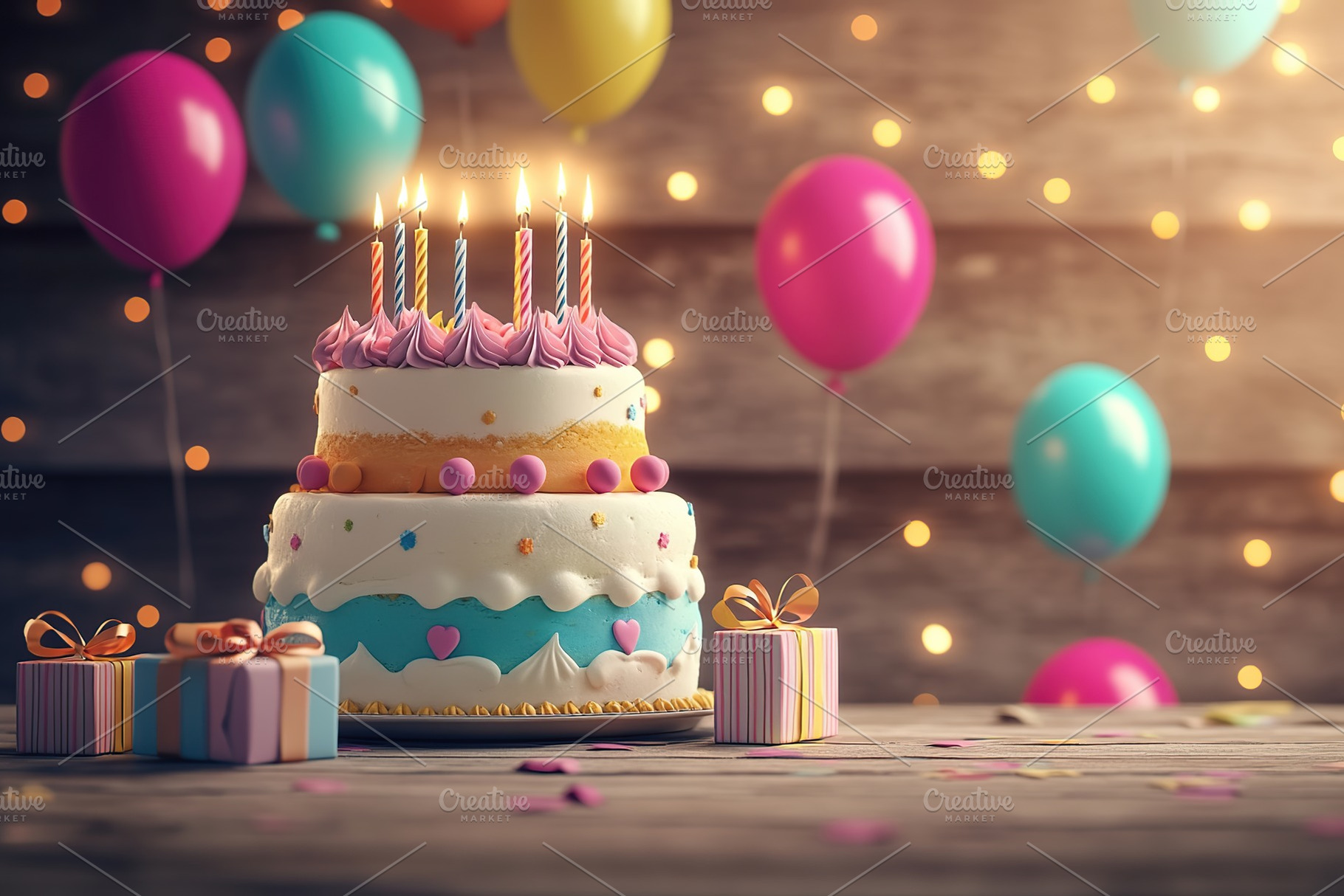 Illustration of tiered birthday cake with party balloons and candles, a Food & Drink Photo by AlyaAnd