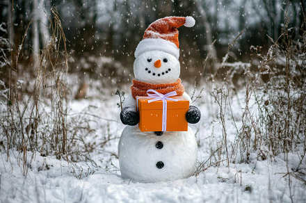 Snowman holds an orange gift box in, a Photo by Tanuart