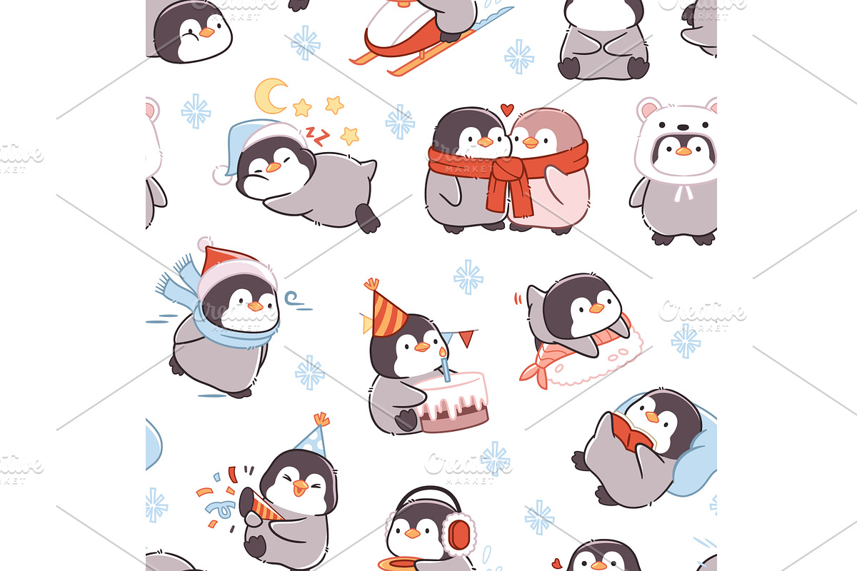 Kawaii penguin seamless pattern, an Illustration by YummyBuum