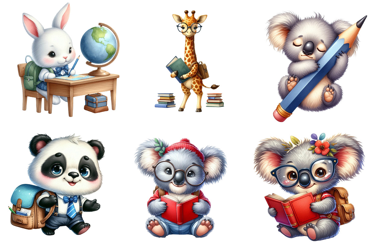 Cute Funny School Animals clipart, an Illustration by CreationArt (Photo 3 of 7)