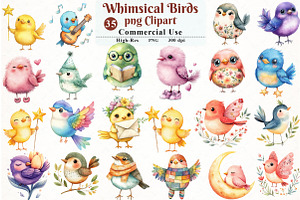 Watercolor Whimsical Birds Clipart, an Illustration by Watercolor design