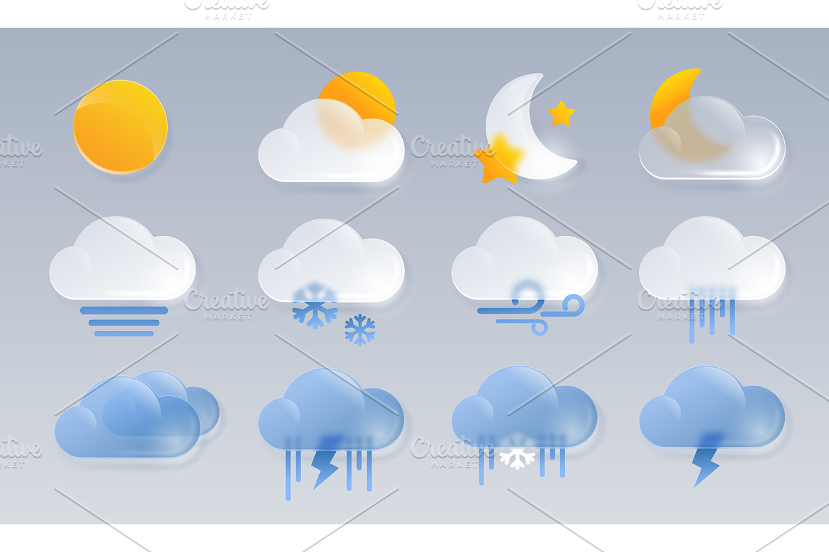 Glass weather icons with glassy sun, an Illustration by Frogella
