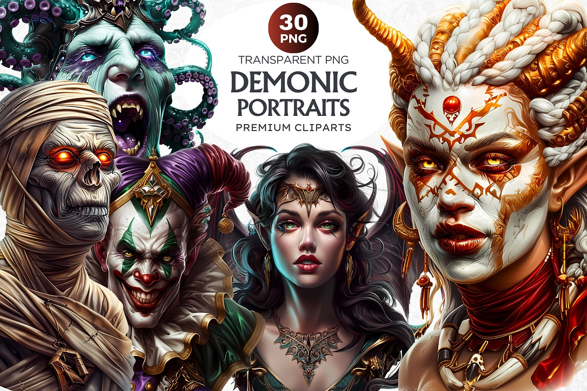 Demonic portraits clipart set, a Person Illustration by ThatsDesignArt (Photo 1 of 10)