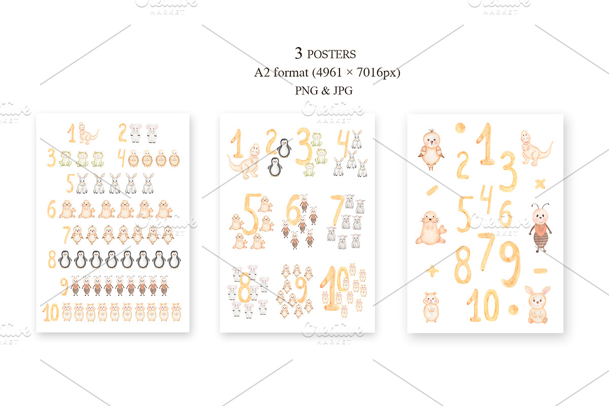 Watercolor Animal Numbers Set, an Animal Illustration by MayaNavits (Photo 3 of 8)