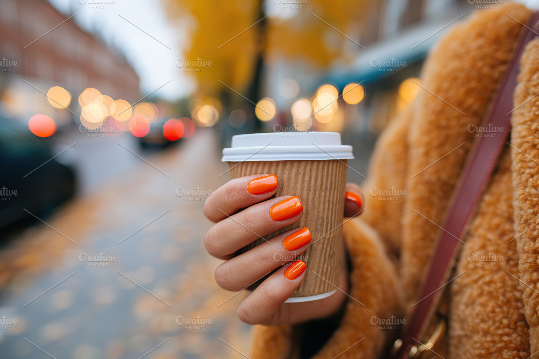 Female hand holding cup with vibrant orange nails in autumn street setting, a Beauty & Fashion Photo by AlyaAnd