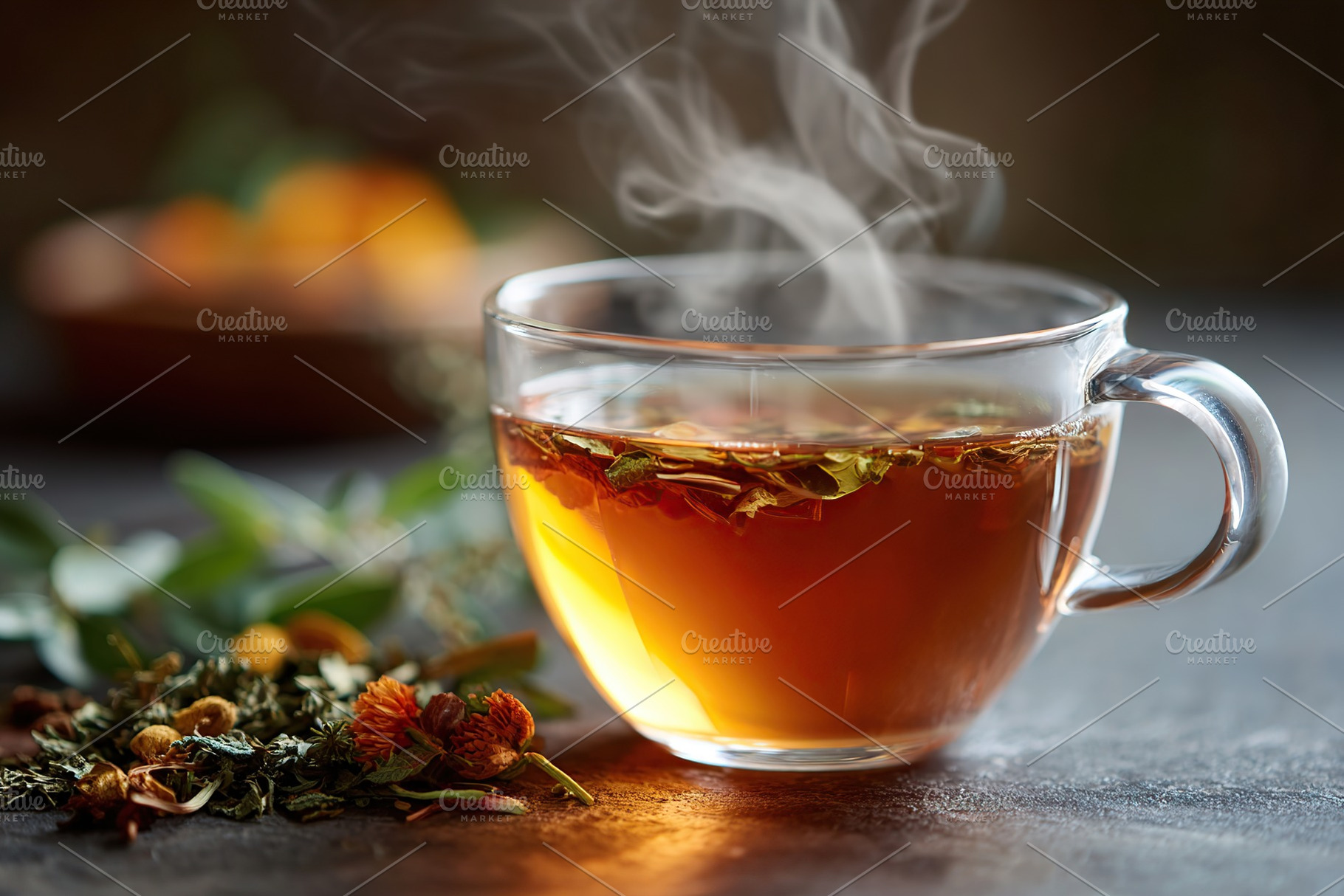 Herbal tea steaming in a transparent cup with fragrant leaves scattered beside, a Food & Drink Photo by AlyaAnd