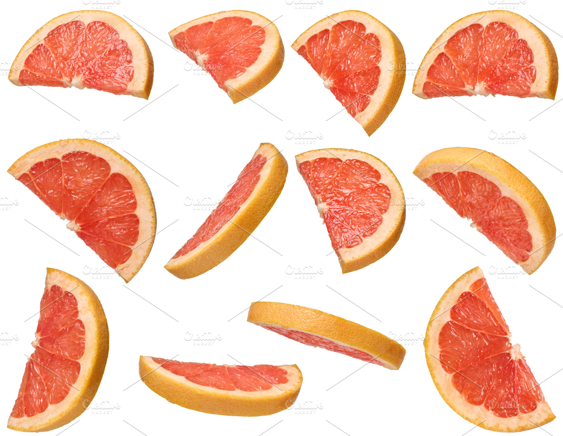 Round grapefruit halves with juicy pulp and zest in different an, a Food & Drink Photo by ndanko