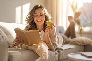 Smiling Woman Reading Book with Green Apple, a Photo by Davizro's Market