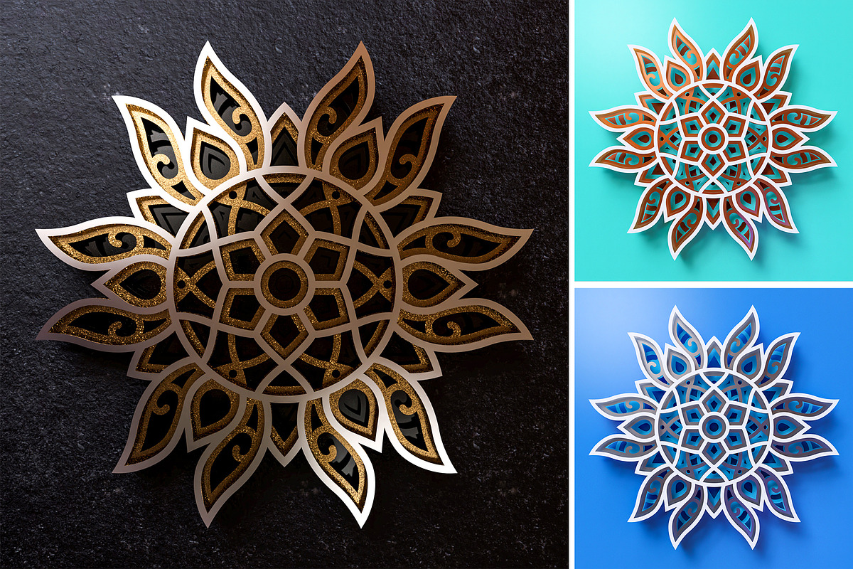 Sun Mandala 3D Layered SVG Cut File, an Illustration by pixaroma