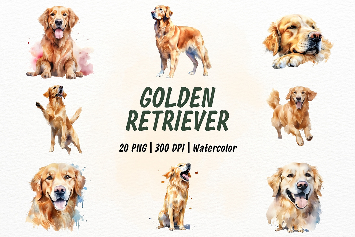 Watercolor Golden Retriever Clipart, an Animal Illustration by New-School-Wave (Photo 1 of 5)
