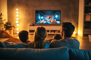 Family watching television at home, a Photo by Pavel_design