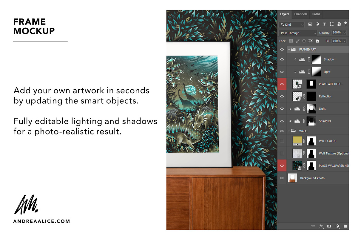 Framed Art Mockup on wood sideboard, a Household Mockup by Andrea Muller (Photo 4 of 6)