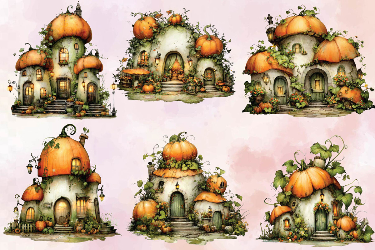 Watercolor Pumpkin Houses Clipart, an Illustration by SVGArt (Photo 5 of 9)