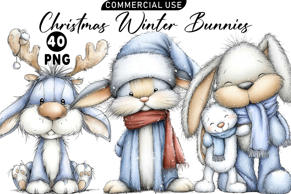 Christmas Winter Bunnies Clipart, an Illustration by Daily.Designs