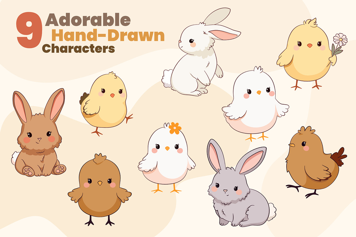 Cute Spring Bunny and Chick Set, a Seasonal Illustration by moja doodle (Photo 2 of 6)